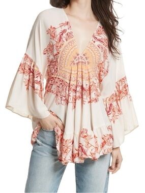 Free People Sunset Dreams Top - Sand with orange/red print